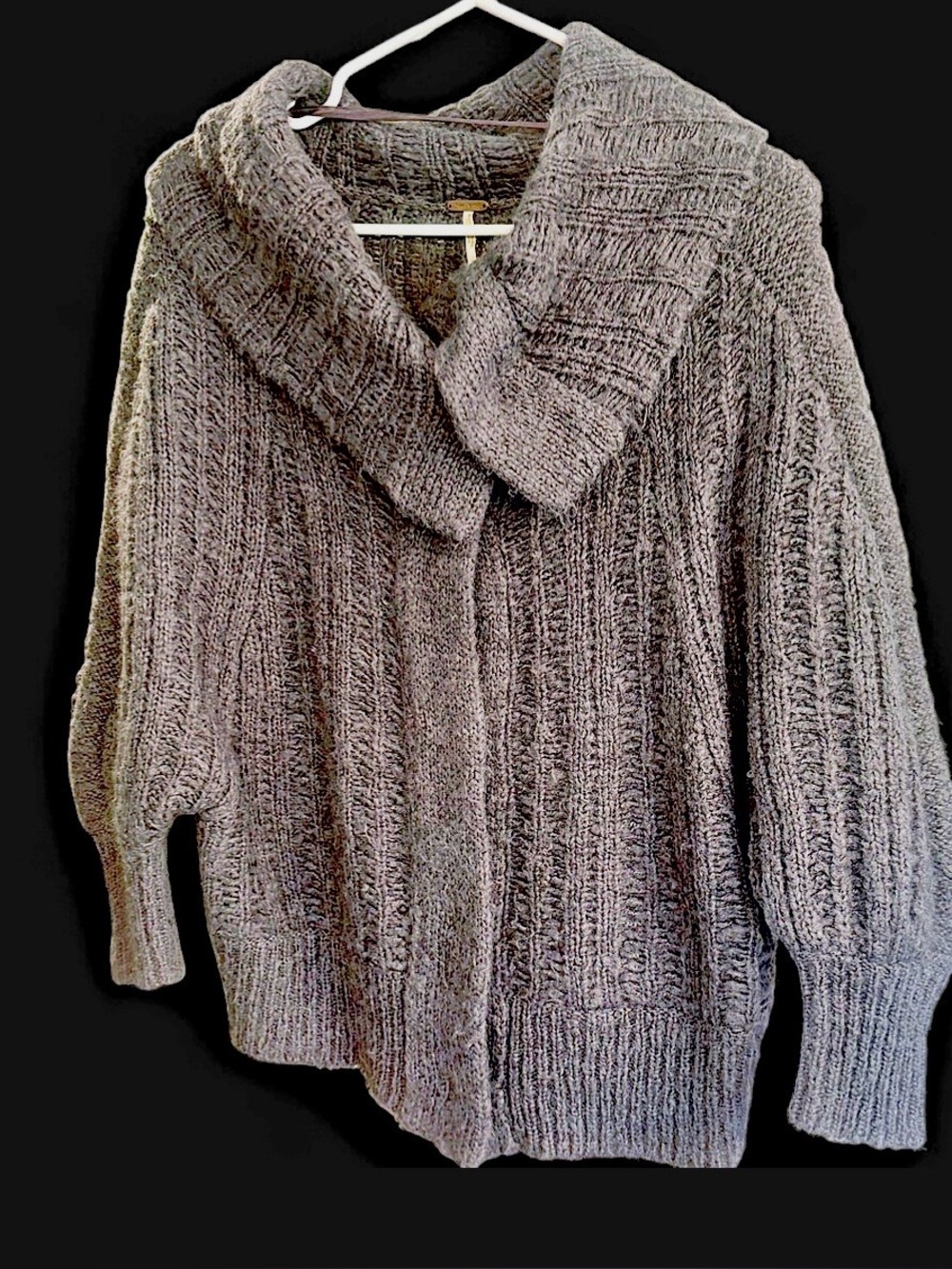 Free People Charcoal Ribbed Shawl-Collar Knit Sweater